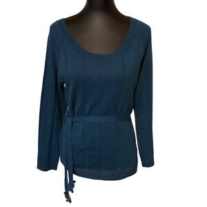 Teal Cotton Cashmere Blend Pointelle Knit Belted Sweater XL NWT Quiet luxury